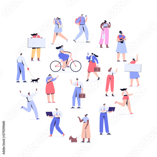 People background. Crowd of people walking on street.Men and women flat vector set. Different walking and running people. Male and female. Flat vector characters © Oksana