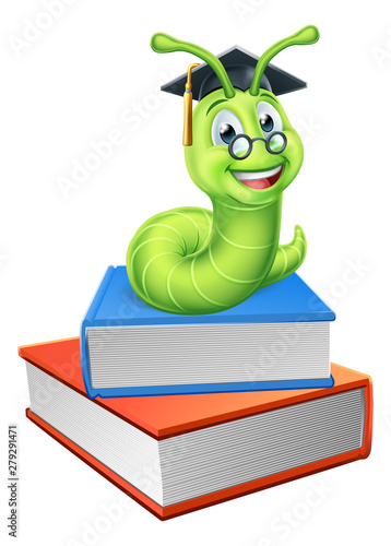 A bookworm caterpillar worm cartoon character education mascot sitting on a pile of books wearing graduation mortar board hat and glasses photo