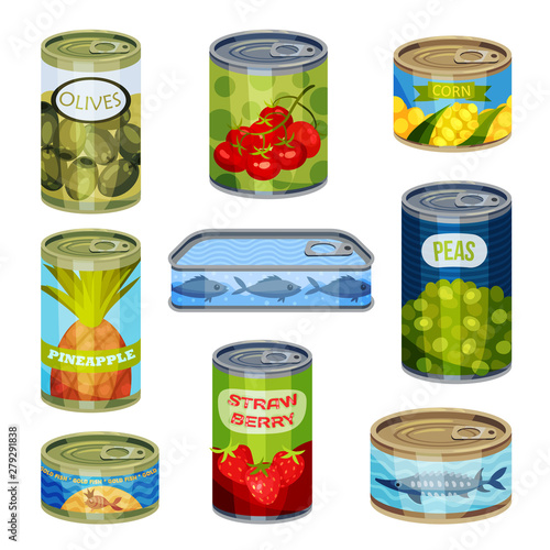 Set of closed cans with different products. Vector illustration on white background.