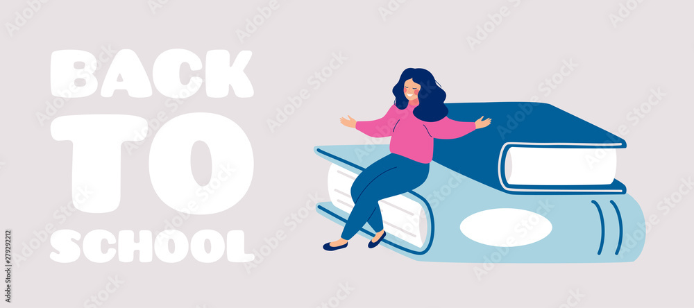 Hand drawn Back to school greeting card with happy girl sits on big books with open arms. Smiling school student waving hands. Vector education concept