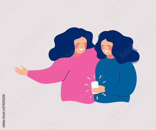 Young women embrace each other and hold smartphone and texting, talking, listening to music, taking selfie. Flat vector concept of smartphone usability and refer a friend.