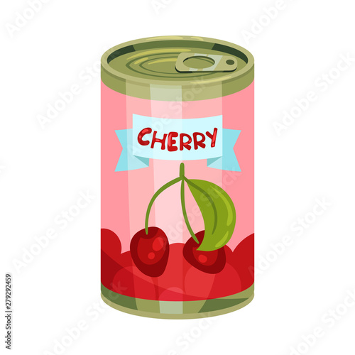 High round tin can with cherries. Vector illustration on white background.