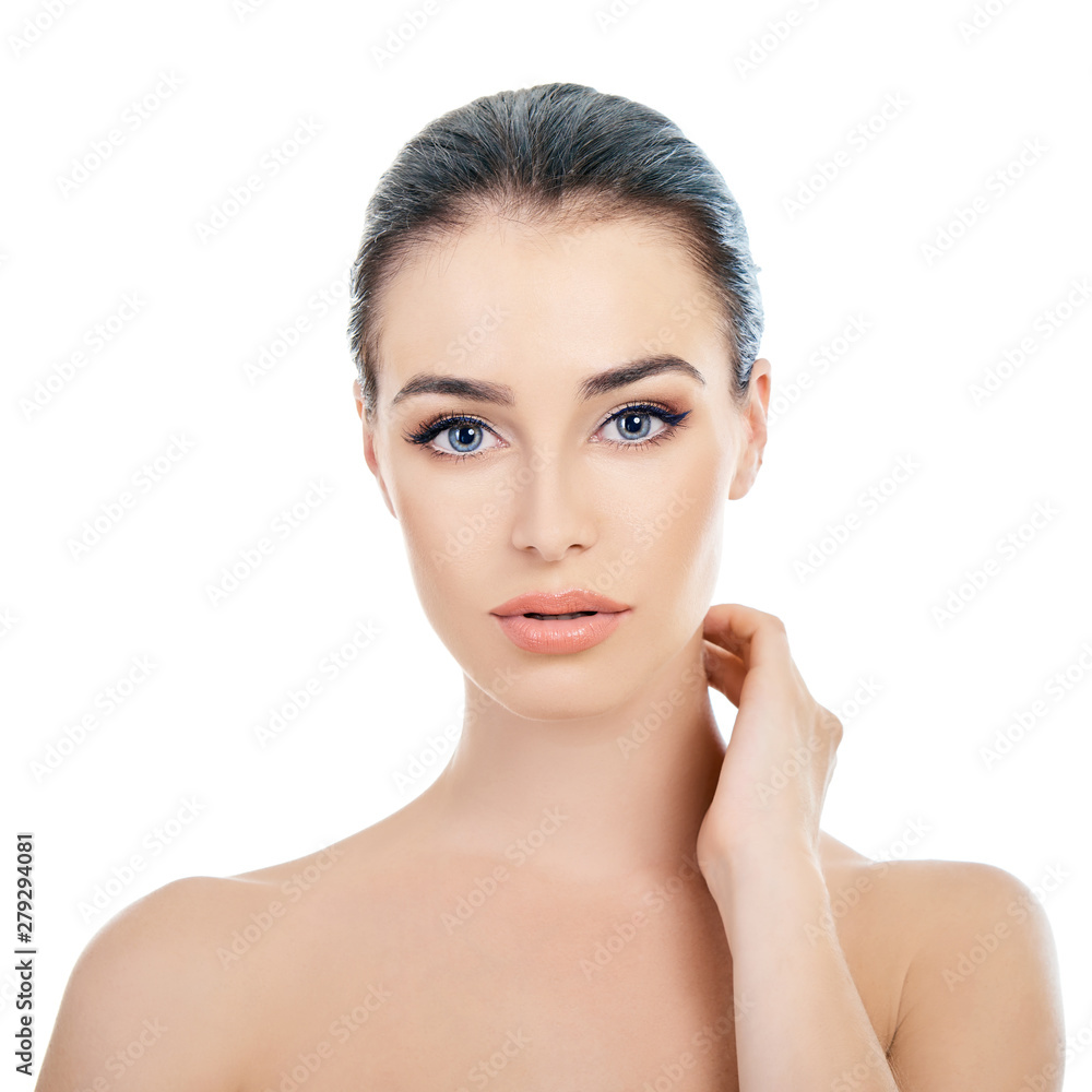 Majestic woman's beauty. Portrait of beautiful girl over white background. Beauty treatment, cosmetology, spa, health care, body and skin care concept. Majestic woman's beauty. Portrait of beautiful girl over white background. Beauty treatment, cosmetology, spa, health care, body and skin care concept.