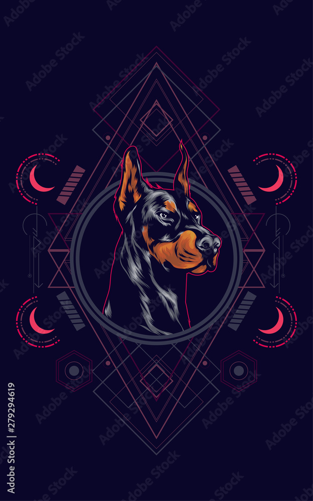 Dog head illustration with sacred geometry pattern as the background Dog head illustration with sacred geometry pattern as the background