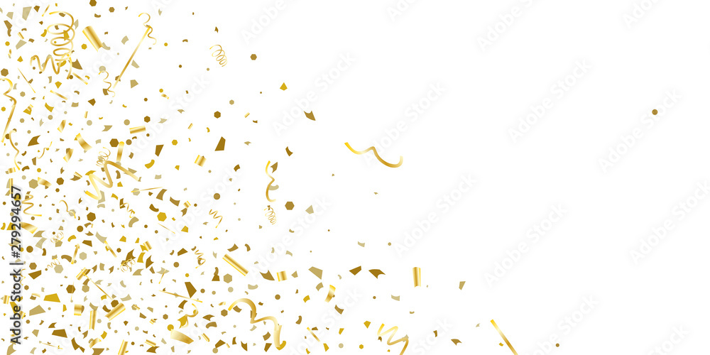 Golden glitter confetti on a white background.