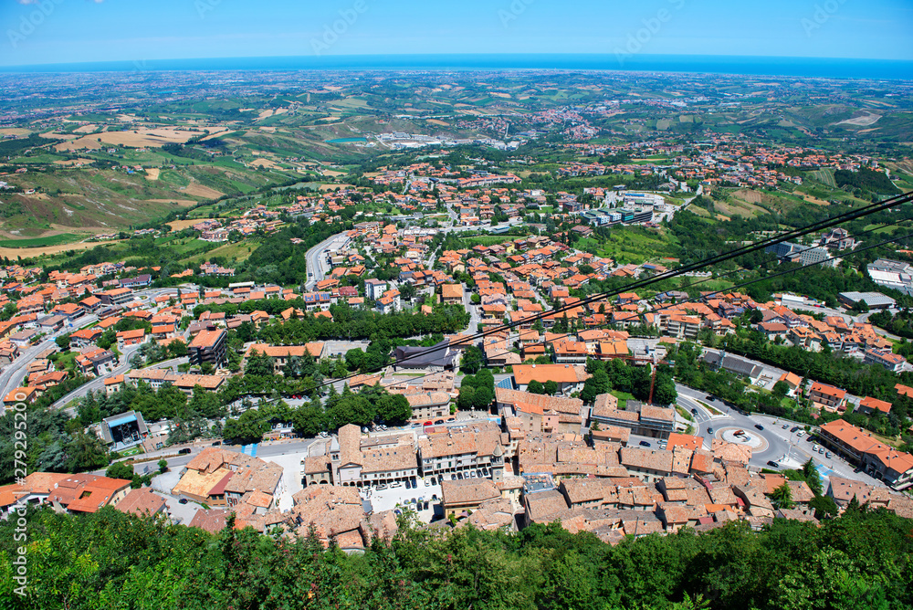 Panoramic view from from the observation deck of San Marino, european dwarf city state which is inside Italy