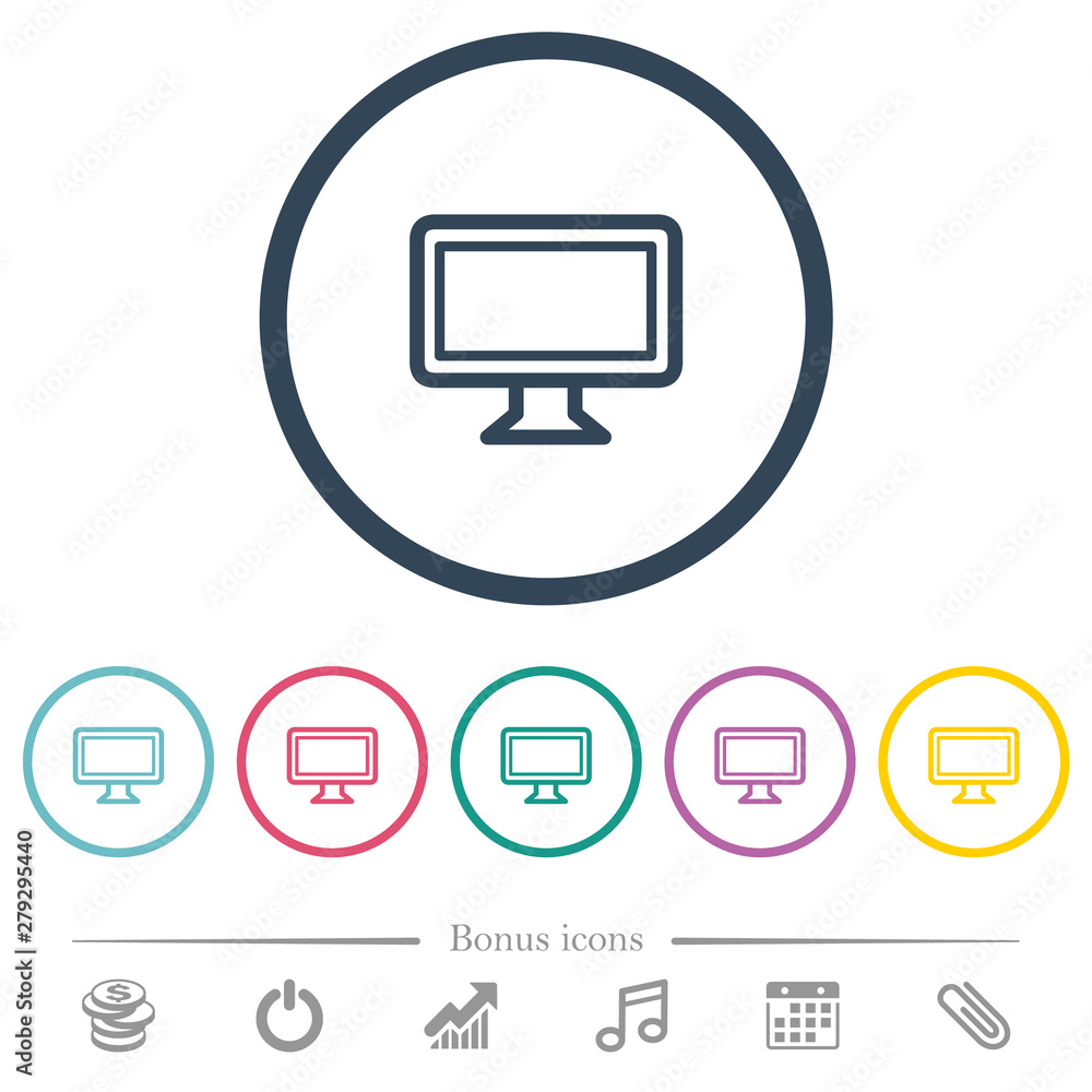 Single monitor flat color icons in round outlines