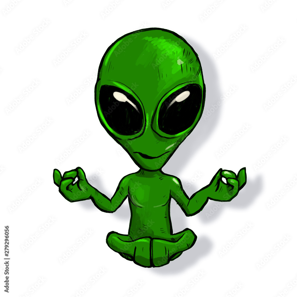 Green alien meditate and levitate cartoon Stock Illustration | Adobe Stock