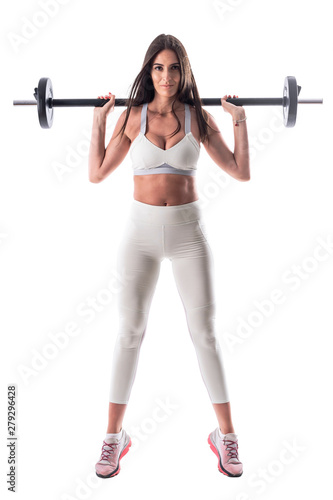 High position squat exercise with barbell done by fitness model gym woman standing on toes. Full body isolated on white background.  © sharplaninac