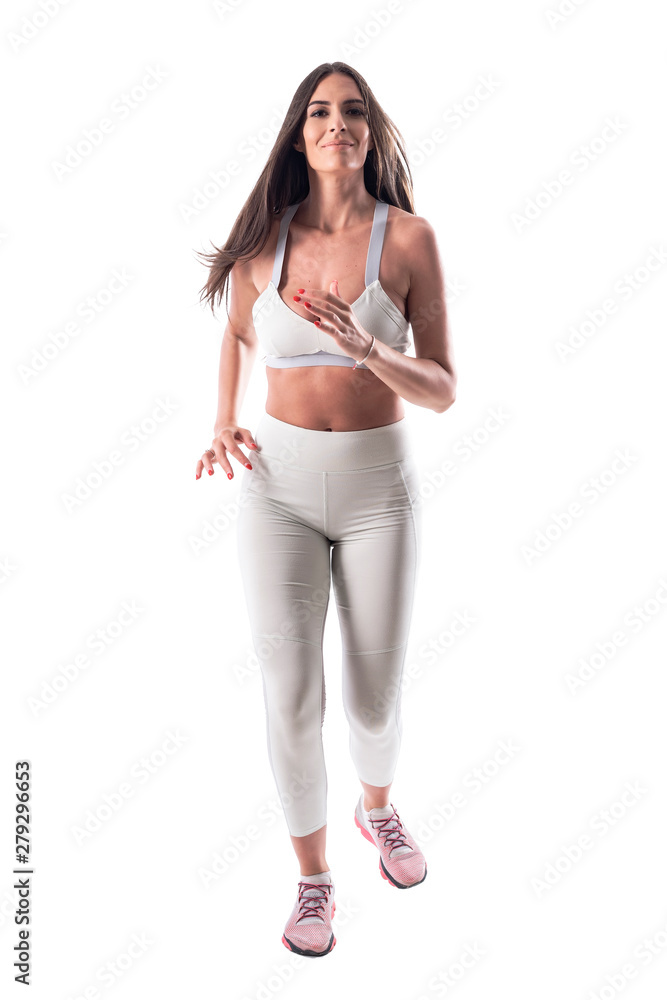 Sporty fit young woman recreational jogger jogging and looking at camera. Full body isolated on white background. Sporty fit young woman recreational jogger jogging and looking at camera. Full body isolated on white background.