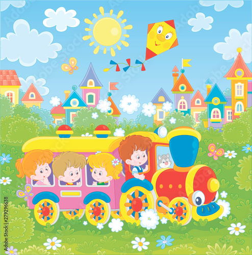 Happy little children playing in a colorful toy train on a playground in a summer park of a small town on a sunny day, vector illustration in a cartoon style