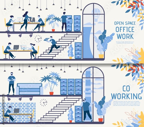 Open Space Co-working Office Vector Banners Set