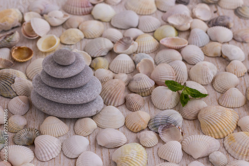pebbles lined with pyramid on the background of seashells.