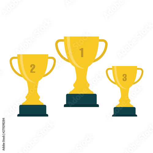 Flat icon three trophy cups with 1st, 2nd and 3rd place isolated on white background. Vector illustration.
