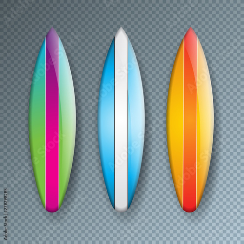 Vector Illustration with Colorful Surf Board Collection Isolated on Transparent Background. Vector Holiday Design Elemets with Surfboard Set for Banner, Flyer, Invitation, Brochure, Party Poster or