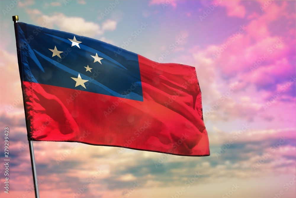 Naklejka premium Fluttering Samoa flag on colorful cloudy sky background. Prosperity concept.