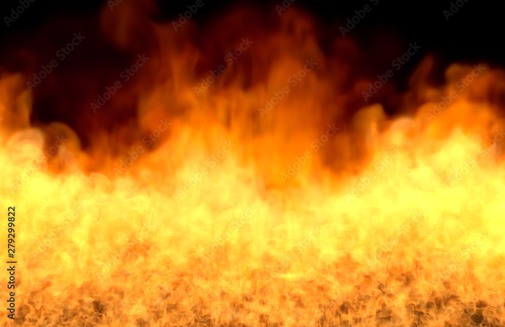 Flame from picture bottom - fire 3D illustration of space fiery fireplace, sylized frame isolated on black background Flame from picture bottom - fire 3D illustration of space fiery fireplace, sylized frame isolated on black background