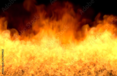 Flame from picture bottom - fire 3D illustration of space fiery fireplace, sylized frame isolated on black background