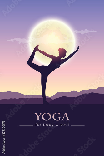yoga for body and soul meditating person silhouette by full moon vector illustration EPS10