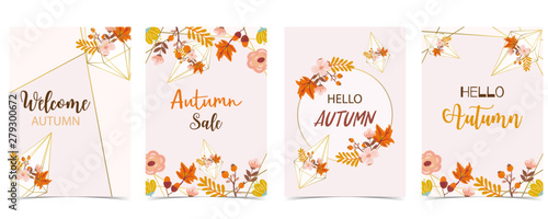 Collection of autumn background set with gold geometric,leaves,flower,wreath.Vector illustration for invitation,postcard and sticker.Editable element