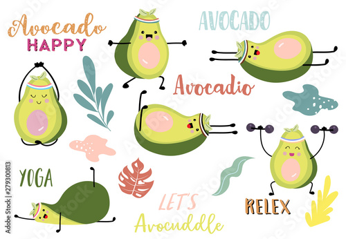 Collection of green avocado card set with leaf,avocado exercise. Let's avocuddle