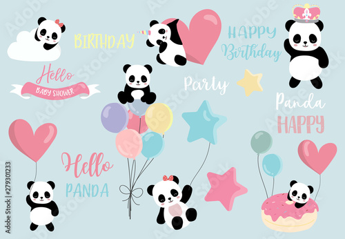 Pastel panda set with pandacorn,rainbow,balloon,heart illustration for sticker,postcad,birthday invitation
