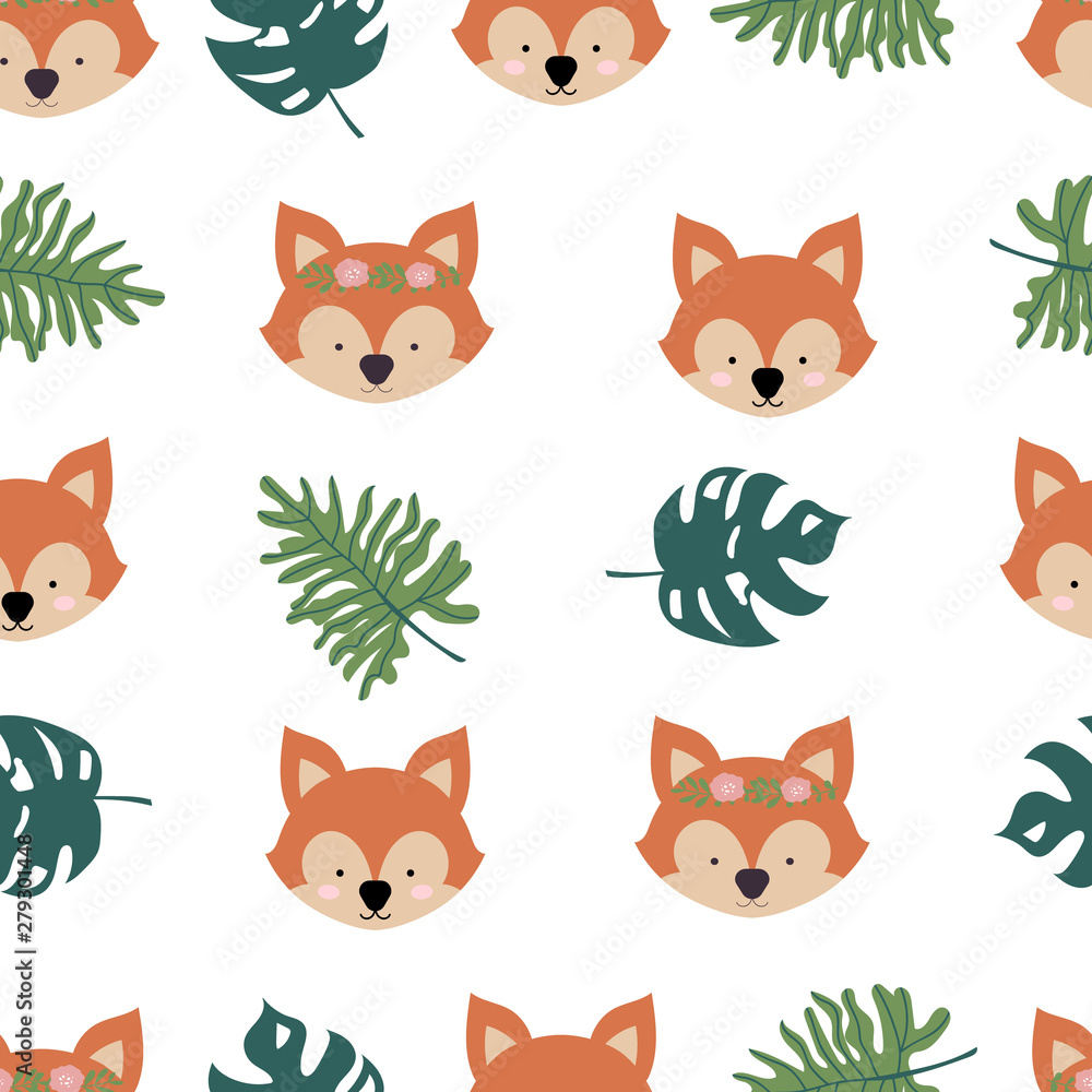 Cute safari background with fox,leaves.Vector illustration seamless pattern for background,wallpaper,frabic.Editable element