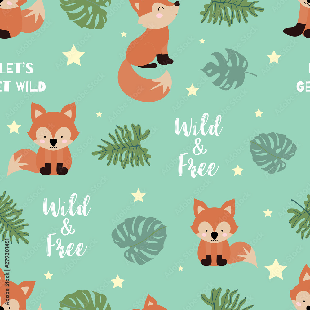 Cute safari background with fox,leaves.Vector illustration seamless pattern for background,wallpaper,frabic.include wording wild and free.Editable element Cute safari background with fox,leaves.Vector illustration seamless pattern for background,wallpaper,frabic.include wording wild and free.Editable element