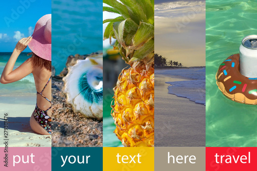 Collage made with beautiful tropical resort shots. Copy space and mockup. A girl in a bikinis and pink hat, shells, pineapple, sunset , Inflatable drink holder with soft drink in swimming pool. photo