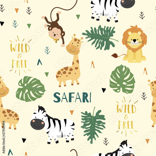 Cute safari background with giraffe,zebra,lion,monkey,leaves.Vector illustration seamless pattern for background,wallpaper,frabic.include wording wild and free.Editable element
