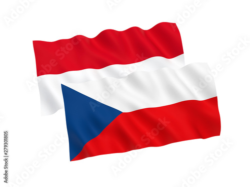 National fabric flags of Czech Republic and Indonesia isolated on white background. 3d rendering illustration. Proportion 1:2