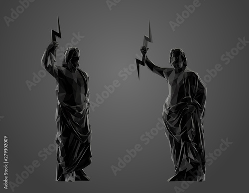 Zeus in Black and White. Dark Set of Zeus. Low Poly Vector Greyscale Silhouette 3D Rendering