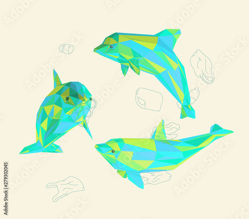 Colorful Dolphin. Set of Playful Vibrant Dolphins and Ocean Pollution on Isolated Background. Low Poly Vector 3D Rendering
