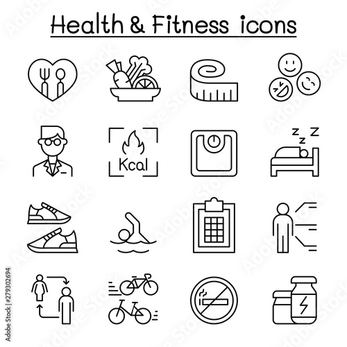 Heath , Fitness, Diet icon set in thin line style