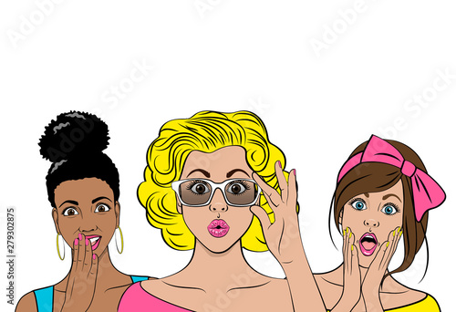 International group of woman on white background. Surprised girls. Vector illustration