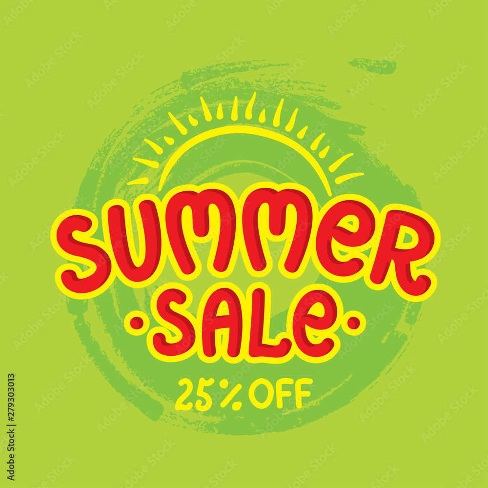 Fototapeta premium Hand Drawn summer sale on green background. Vector illustration. Template banner, poster. Bright design.