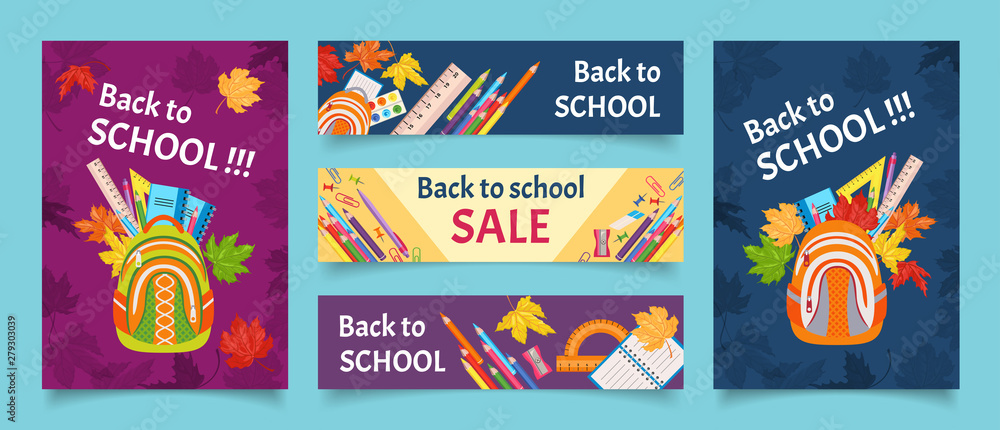 Back to school set of web banners. Education collection longboard, poster, flyer. Vector illustration in flat style. Standard web design size.