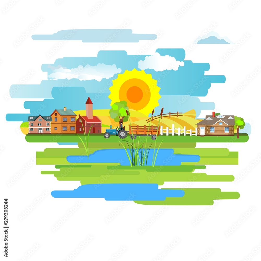 Fototapeta premium Flat vector design of town with houses on a meadow. Summer rural landscape.