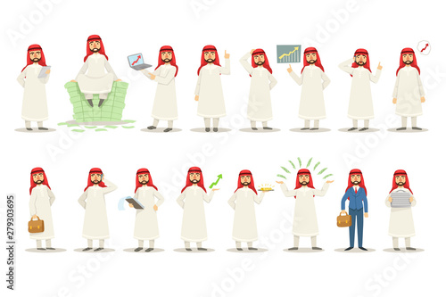 Arab Businessman In Traditional Clothes At Different Work Moments Set