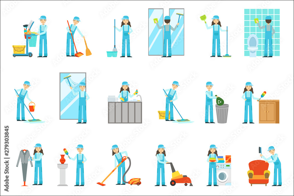 Workers Providing Cleaning Service In Blue Uniform Set Of Illustrations Workers Providing Cleaning Service In Blue Uniform Set Of Illustrations