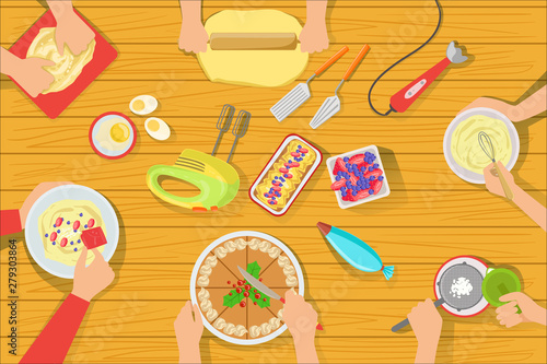 People Cooking Sweet Pastry Together View From Above