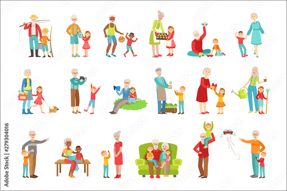 Grandparents And Kids Spending Time Together Set Of Illustrations Grandparents And Kids Spending Time Together Set Of Illustrations
