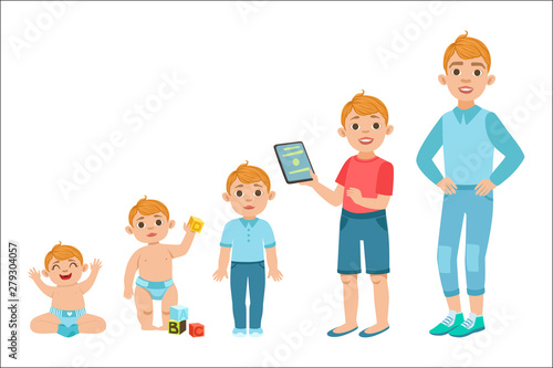 Caucasian Boy Growing Stages With Illustrations In Different Age