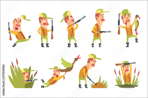 Hunter In Different Funny Situations Set Of Illustrations