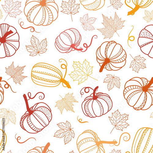 Cute pumpkin halloween thanksgiving seamless pattern, cute catroon pumpkins hand drawn background, great for seasonal textile prints, holiday banners, backdrops or wallpapers - vector surface