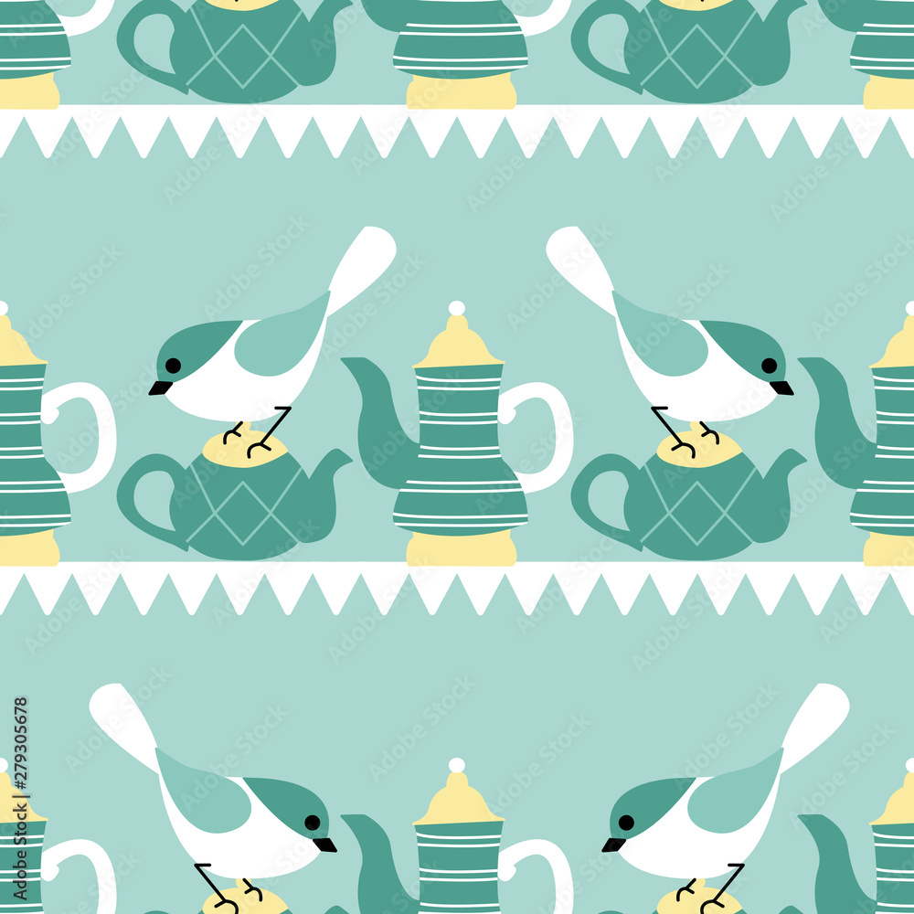 Birds and tea pots in a seamless pattern design
