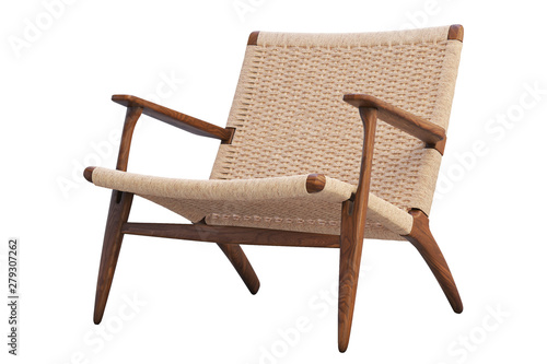 Brown wooden chair with wicker seat. 3d render