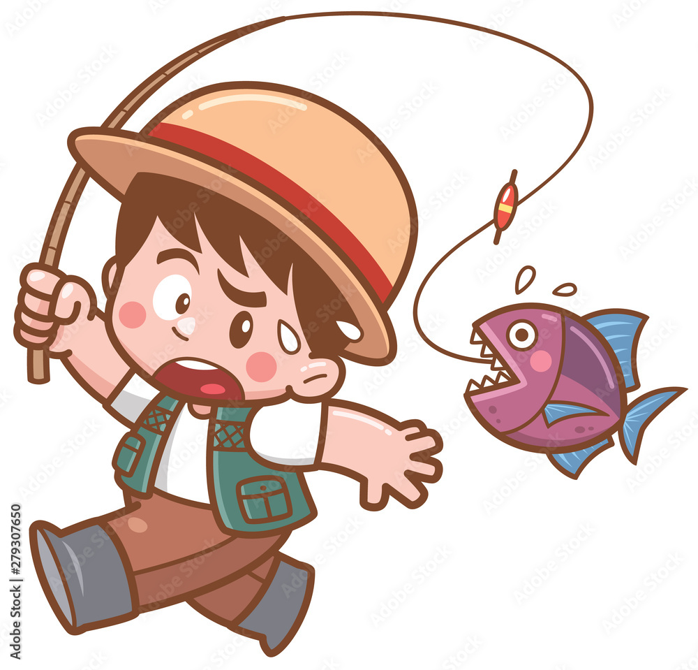 Vector illustration of Cartoon fishing Boy scaring fish Stock