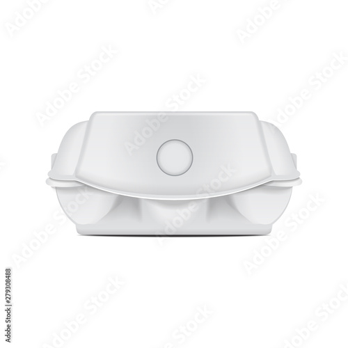 Box tray for eggs mock up vector template, white empty clamshell container. 6 eggs mock package. Side view