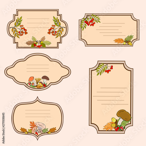 Labels with the image of forest mushrooms, autumn leaves and rowan berries. Vector